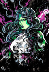  1girl abstract_background artist_name biceps black_hair breasts colored_skin dark_background green_skin highres jennifer_walters leotard looking_at_viewer marvel mixed_media multicolored_leotard muscular muscular_female purple_leotard she-hulk signature superhero_costume upper_body vinartwork western_comics_(style) 