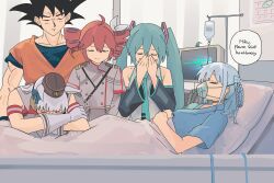  1boy 4girls absurdres aqua_hair aqua_necktie armband bed black_hair black_hat black_sleeves blue_shirt cardiogram closed_eyes closed_mouth commentary covering_own_mouth crossover detached_sleeves dragon_ball dragon_ball_z dress drill_hair ears_down english_commentary english_text gloves gold_ship_(umamusume) grey_dress grey_gloves grey_hair grey_shirt hair_ornament hair_ribbon hat hatsune_miku highres hospital_bed hospital_gown indoors intravenous_drip jumpsuit kasane_teto layered_sleeves leaning_forward leaning_on_person long_hair long_sleeves medium_hair microsoft_windows multiple_crossover multiple_girls myticalcat necktie open_mouth orange_jumpsuit oxygen_mask pillbox_hat red_dress red_hair ribbon sad shirt short_hair short_over_long_sleeves short_sleeves sleeveless sleeveless_dress sleeveless_shirt smile son_goku spiky_hair tearing_up twin_drills twintails umamusume under_covers utau v_arms very_long_hair vocaloid white_ribbon windows_10 