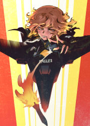  1girl absurdres aircraft brown_hair character_name commentary eagle_1_(helldivers) freckles helldivers_(series) highres looking_at_viewer missile orange_eyes parted_lips phantom_ix_row red_background short_hair simple_background smile solo yellow_background 