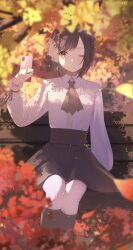  1girl absurdres ascot autumn_leaves bench black_ascot black_skirt blurry brown_hair cellphone closed_mouth collared_shirt frills head_out_of_frame high-waist_skirt highres holding holding_phone howless leaf long_sleeves on_bench outdoors pantyhose park_bench phone project_sekai puffy_long_sleeves puffy_sleeves shinonome_ena shirt short_hair sitting skirt solo white_pantyhose white_shirt 