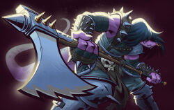  1girl angusburgers axe black_hair bracelet colored_skin cowboy_shot deltarune hair_over_eyes holding holding_axe jewelry kris_(deltarune) leg_armor medium_hair purple_skin reptile_girl serrated_blade sharp_teeth shoulder_spikes single_shoulder_pad skull_belt solo spiked_bracelet spikes tail teeth toned toned_female utdr_(toby_fox) 