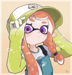  1girl baseball_cap blush braid commentary eyelashes gloves green_gloves hat highres inkling inkling_girl inkling_player_character long_hair looking_at_viewer orange_hair print_hat rubber_gloves salmon_run_(splatoon) single_braid solo splatoon_(series) splatoon_3 standing symbol-only_commentary tentacle_hair thick_eyebrows violet_eyes yake_zake 