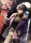  1boy belt black_belt black_eyes black_hair black_sweater chain earrings gold_chain indie_virtual_youtuber jacket jewelry knife long_sleeves looking_at_viewer male_focus necklace open_clothes open_jacket purple_jacket rosa_(hoshino) short_hair shoto_(vtuber) smile sweater thigh_strap virtual_youtuber 