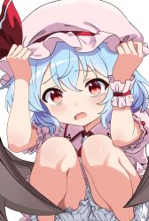  1girl ascot bat_wings bloomers blue_gemstone blue_hair blush bow charisma_guard collared_dress commentary_request cowering dress fang gem hair_between_eyes hands_on_headwear hands_up hat hat_ribbon highres looking_at_viewer mob_cap open_mouth pink_dress pink_hat puffy_short_sleeves puffy_sleeves red_ascot red_bow red_eyes red_ribbon remilia_scarlet revision ribbon short_hair short_sleeves simple_background single_wrist_cuff skin_fang solo squatting star_(symbol) tearing_up touhou white_background white_bloomers wings wrist_cuffs yige_lurenjia 