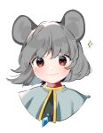  1girl akagashi_hagane animal_ears bangs black_shirt blue_capelet capelet closed_mouth cropped_torso eyebrows_behind_hair grey_hair jewelry looking_at_viewer mouse_ears nazrin pendant portrait red_eyes shirt short_hair simple_background smile solo sparkle touhou white_background 