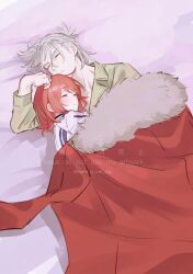  1boy 1girl absurdres ahoge closed_eyes coat coat_on_shoulders cuddling dress fate/grand_order fate_(series) fomnant fujimaru_ritsuka_(female) fujimaru_ritsuka_(female)_(decisive_battle_chaldea_uniform) fur-trimmed_coat fur-trimmed_jacket fur_trim grey_hair half_updo highres jacket sleeping sleeping_together takeda_shingen_(fate) 