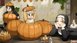  3girls :d aged_down baby_animal baby_bottle bib bird blonde_hair blue_eyes bottle brown_eyes brown_hair chicken closed_eyes clumsy_nun_(diva) diva_(hyxpk) duck duckling eating english_commentary highres hungry_nun_(diva) in_container little_nuns_(diva) lying mole mole_on_cheek multiple_girls nun pumpkin pumpkin_costume pumpkin_seeds smile strict_nun_(diva) traditional_nun writing_on_wall 