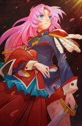  1girl armor blue_eyes brown_background closed_mouth cuts dress highres holding holding_sword holding_unworn_clothes holding_unworn_dress holding_weapon injury long_hair long_sleeves mei_ford petals pink_hair red_dress red_shorts shirt shorts shoujo_kakumei_utena shoulder_armor solo sword tenjou_utena torn_clothes torn_shirt unworn_dress weapon 