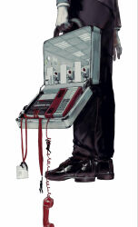  4boys black_pants black_shoes briefcase ceiling chair commentary corded_phone dress_shoes english_commentary entangled fluorescent_lamp hanging highres holding holding_briefcase ire_(bao_829) lanyard mini_person monitor multiple_boys office office_chair original pants phone shoes simple_background standing surreal swivel_chair tile_ceiling tiles white_background 