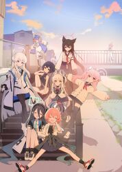  6+girls absurdres ahoge animal_ear_fluff animal_ear_headphones animal_ears aris_(blue_archive) baseball_cap black_dress blue_archive blue_halo blue_hat blue_necktie braid cardigan china_dress chinese_clothes clothes_around_waist double_bun dragon_print dress eyewear_on_headwear fake_animal_ears floral_print_shirt fox_ears fox_girl grey_eyes grey_halo hair_bun halo hat headgear headphones highres hood hoodie huge_ahoge jacket jacket_around_waist kaya_(blue_archive) kisaki_(blue_archive) kurana_(atlas) letterman_jacket long_hair mechanical_halo miyako_(blue_archive) multiple_girls natsu_(blue_archive) neckerchief necktie neru_(blue_archive) neru_(school_uniform)_(blue_archive) noa_(blue_archive) official_alternate_costume orange_halo outdoors pink_hair pink_halo print_dress rabbit_ear_headphones rabbit_ears red_halo red_neckerchief rei_(blue_archive) school_uniform serafuku side_ponytail single_braid sitting sitting_on_stairs spread_legs stairs suit tactical_school_uniform two-sided_fabric two-sided_jacket violet_eyes white_cardigan white_hair white_halo white_hoodie white_jacket white_serafuku white_suit yukino_(blue_archive) 