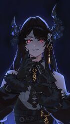  1girl absurdres asymmetrical_horns black_flower black_gloves black_hair black_horns black_jacket blue_hair clothing_cutout colored_inner_hair commentary demon_horns english_commentary flower fur-trimmed_sleeves fur_trim gloves grin hair_ornament hands_up highres hololive hololive_english horn_flower horns jacket lewdicy long_hair looking_at_viewer multicolored_hair nerissa_ravencroft nerissa_ravencroft_(1st_costume) red_eyes shirt shoulder_cutout slit_pupils smile solo tassel tassel_hair_ornament two-tone_hair uneven_horns upper_body very_long_hair virtual_youtuber white_shirt 