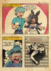  3girls animal_ears arktoons blue_flower blue_hair blue_rose blunt_bangs bow braid breasts brown_hair brown_hat commentary crown_braid ear_bow ear_ornament ear_ribbon english_commentary english_text fire_emblem fire_emblem:_three_houses flipped_hair flower gold_ship_(umamusume) grey_hair hair_over_one_eye hat hat_flower highres horse_ears horse_girl horse_tail long_hair marianne_von_edmund medium_breasts multiple_girls one_eye_closed open_mouth patreon_logo patreon_username pillbox_hat purple_shirt rice_shower_(umamusume) rose school_uniform shirt short_hair smile speech_bubble tail tilted_headwear tracen_school_uniform umamusume 