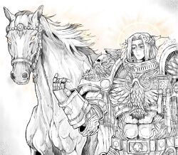  1boy absurdres aquila_(symbol) armor bucephalus_(warhorse) commentary emperor_of_mankind english_commentary gauntlets greyscale hair_intakes halo highres horse monochrome octosoup pauldrons plate_armor purity_seal real_life shoulder_armor skull_ornament solo spot_color warhammer_40k 