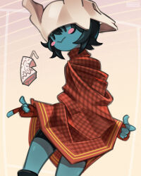  1girl :&gt; artist_name bike_shorts black_hair blue_skin blush colored_skin cowboy_shot diagonal-striped_background fake_horns fingerless_gloves floating floating_blush floating_food floating_object gingham gingham_poncho gloves gradient_background hair_between_eyes highres horned_headwear horns hylics juice_box onionsketch pointing red_gloves red_poncho short_hair skull_on_head solid_oval_eyes solo somsnosa striped_background turning_head yellow_background 