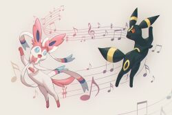  animal_focus black_fur blue_eyes blue_sclera blush bow colored_sclera full_body highres musical_note musical_staff no_humans open_mouth pink_fur pokemon pokemon_(creature) pokemon_focus red_eyes red_sclera smile sylveon tail topple33 two-tone_fur umbreon white_fur 