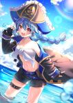  1girl bangs blue_hair hat highres long_hair looking_at_viewer midriff navel ocean open_mouth original pei_jing pirate pirate_hat red_eyes short_shorts shorts smile solo twintails 