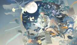  1girl absurdres arknights black_shorts blue_eyes blue_hair closed_mouth dragon dragon_horns dragon_tail earrings full_moon highres horns jacket jewelry lin_qing_(phosphorus_1104) ling_(arknights) long_hair moon open_clothes open_jacket pointy_ears shirt shorts sitting solo tail vase white_jacket white_shirt wide_shot 