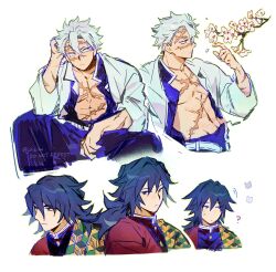  2boys black_hair black_jacket buttons closed_mouth demon_slayer_uniform gold_buttons grey_hair hand_up haori high_collar highres jacket japanese_clothes joikzo kikkoumon kimetsu_no_yaiba looking_to_the_side low_ponytail male_focus multiple_boys ponytail print_haori profile scar scar_on_face shinazugawa_sanemi short_hair simple_background spiky_hair tomioka_giyuu upper_body violet_eyes white_background 