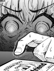  1girl ad cellphone closed_mouth commentary english_commentary english_text fingernails greyscale hatching_(texture) highres mimi_(nhim) monochrome nhim original phone ringed_eyes smartphone solo sweat trembling twitter_username wavy_mouth 
