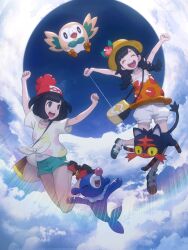  2girls arms_up bag beanie bird black_hair cat closed_eyes closed_mouth colored_sclera floral_print flower green_shorts hat hat_flower highres litten multiple_girls open_mouth orange_tank_top owl pokemon pokemon_(creature) pokemon_sm pokemon_usum popplio red_hat rowlet sea_lion selene_(pokemon) shirt short_hair short_sleeves shorts shoulder_bag smile starter_pokemon_trio tank_top teeth tied_shirt topple33 twintails upper_teeth_only white_shorts wings yellow_sclera yellow_shirt 