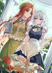 2girls absurdres apron basket beret black_ribbon blue_dress blue_eyes blurry blurry_foreground bow braid braided_sidelocks breasts bush center_frills closed_mouth clouds cloudy_sky collared_shirt column commentary cowboy_shot day dress dutch_angle eye_contact falling_petals flower frilled_apron frilled_dress frilled_shirt frills green_bow green_hat green_ribbon green_skirt green_vest grey_hair hair_bow hat hat_ornament highres holding holding_basket holding_pocket_watch holding_watering_can hong_meiling izayoi_sakuya leaf long_hair looking_at_another maid maid_apron maid_headdress multiple_girls neck_ribbon orange_hair petals pillar pinafore_dress pocket_watch puffy_short_sleeves puffy_sleeves revision ribbon rose sarukana shirt short_sleeves side_slit sidelocks skirt sky sleeveless sleeveless_dress smile standing star_(symbol) star_hat_ornament touhou twin_braids very_long_hair vest waist_apron watch watering_can white_apron white_headdress white_shirt wrist_cuffs 