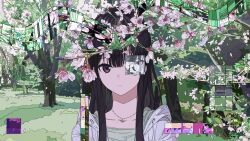  1girl abstract absurdres black_hair blunt_bangs christmas_tree closed_mouth falling_petals film_strip flower forest glitch grass highres hood hoodie jewelry light_smile long_bangs long_hair looking_at_viewer nature necklace ninuru one_eye_covered original outdoors petals portrait solo violet_eyes white_hoodie 