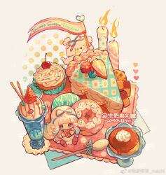  1girl absurdly_long_hair apron aqua_ribbon artist_name blue_eyes blue_ribbon bowl cake cake_slice candle candy checkerboard_cookie chewing chibi chocolate_chip_cookie colored_tips commission cookie cupcake dog doughnut dress eating fire flag food food_focus frilled_apron frilled_dress frills fruit ghost glass_bowl grey_hair hair_ribbon hair_spread_out halftone halftone_background holding holding_food ice_cream jelly_bean long_dress long_hair long_sleeves machi_nailao_bao mini_person minigirl multicolored_hair napkin original pink_dress pink_ribbon pink_shoes pocky poodle pudding puffy_long_sleeves puffy_sleeves ribbon sample_watermark shoes sitting spoon strawberry strawberry_slice two-tone_ribbon very_long_hair watermark watermark_grid weibo_watermark whipped_cream white_apron 