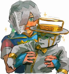  1boy 1other blue_bridal_gauntlets blue_overalls blush bow bowtie braid bridal_gauntlets carrying colored_skin green_eyes grey_hair grey_shirt grey_skin hair_ornament hair_over_one_eye hat heaven's_door highres hood hood_down hooded_overalls jodio_joestar jojo_no_kimyou_na_bouken lifting_person male_focus medium_hair multicolored_hair open_mouth overalls shirt short_sleeves side_braid single_braid sparkle stand_(jojo) star_(symbol) star_hair_ornament teeth the_jojolands top_hat two-tone_hair upper_body uu0000322 white_background yellow_bow yellow_bowtie 