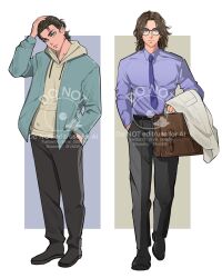  1boy aqua_jacket belt black_belt black_pants black_shoes blue_necktie blue_shirt bluesky_username border briefcase brown_hair closed_mouth collared_shirt eren_yeager full_body glasses green_eyes grey_background grey_hoodie hand_in_pocket hand_on_own_head highres holding holding_briefcase hood hood_down hoodie jacket jacket_on_shoulders jacket_over_hoodie kawashiro_nitori kawashiro_nitori_(white_kappa_of_pristine_water) looking_at_viewer male_focus medium_hair multiple_views necktie pants parted_bangs shingeki_no_kyojin shirt shoes solo tie_clip twitter_username viii_00908 white_border 