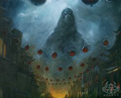  acrylic_paint_(medium) architecture artist_logo artist_name east_asian_architecture giant giant_monster godzilla godzilla_(series) kaiju lantern logo monster monster_focus no_humans painting_(medium) paper_lantern traditional_media upper_body wafalo 