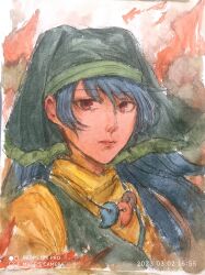 1girl absurdres blue_hair chinese_commentary commentary_request dated expressionless green_headscarf guru.zong haniyasushin_keiki headscarf highres jewelry long_hair magatama magatama_necklace necklace painting_(medium) portrait red_eyes solo touhou traditional_media watercolor_(medium) 