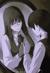  1girl artist_name black_hair chainsaw_man cross_scar highres looking_at_mirror mirror mitaka_asa ringed_eyes scar scar_on_cheek scar_on_face scar_on_nose signature tomatoketchup96 yoru_(chainsaw_man) 