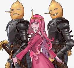  1girl 2boys adventure_time armor belt blush brown_belt colored_skin earl_of_lemongrab frown grin highres long_nose min_do-sik multiple_boys pink_eyes pink_hair pink_skin princess_bonnibel_bubblegum scabbard sheath simple_background slime_hair smile white_background 