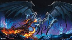  bahamut_(final_fantasy) battle breath_weapon breathing_fire claws dragon dragon_wings final_fantasy final_fantasy_xiv fire highres horns ifrit_(final_fantasy) magic:_the_gathering monster ninois no_humans official_art summoning tail western_dragon wings 