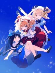  3girls apron black_dress blonde_hair blue_background blue_dress blue_ribbon braid dress flying frills highres long_hair luna_child multiple_girls redrawn ribbon simple_background skirt sky smile star_sapphire sunny_milk touhou twin_braids white_apron youshouhaoxianzhe 