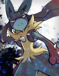  1other animal_ears animal_hands black_fur blue_fur body_fur closed_mouth confetti furry grey_background highres looking_at_viewer lucario mega_lucario mega_pokemon multicolored_fur pokemon pokemon_(creature) red_fur simple_background solo spikes sstoh standing upper_body wolf_ears yellow_eyes yellow_fur 