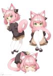  1girl :d ahoge animal_ear_fluff animal_ears anya_(spy_x_family) bangs black_dress black_footwear blush cat_ears cat_girl cat_tail closed_eyes dress eyebrows_visible_through_hair fang full_body green_eyes hairpods highres kemonomimi_mode knees_up leaning_forward long_sleeves lying mary_janes multiple_views on_side pink_hair ryota_(ry_o_ta) shoes short_hair signature simple_background sitting skin_fang sleeping smile spy_x_family standing tail tail_through_clothes thigh-highs white_background white_legwear 
