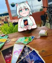  animal_ears bodysuit cat_ears cat_girl commentary hair_intakes highres imminent_uno_loss_(meme) maimai_(game) meme milk_(maimai) photo_background shimot_maiart sleeveless sleeveless_bodysuit uno_(game) white_hair 