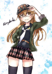  1girl adapted_costume agodashi argyle_clothes argyle_hat argyle_skirt black_sailor_collar black_shirt black_thighhighs brown_eyes brown_hair crescent crescent_pin green_jacket highres jacket kantai_collection long_hair mochizuki_(kancolle) mochizuki_(zuiun_festival)_(kancolle) neckerchief one-hour_drawing_challenge pleated_skirt red-framed_eyewear sailor_collar sailor_shirt school_uniform semi-rimless_eyewear serafuku shirt skirt solo thigh-highs twitter_username under-rim_eyewear white_neckerchief 