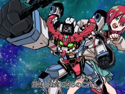  1girl amate_yuzuriha aqua_eyes aqua_skirt axe collared_shirt gquuuuuux green_eyes gundam gundam_gquuuuuux heat_hawk highres holding holding_axe long_sleeves mecha medarot mobile_suit necktie open_mouth parody red_hair robot sasakamakue school_uniform science_fiction shirt short_hair skirt smile subtitled sweater thrusters v-fin weapon 