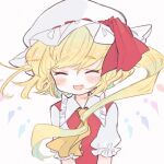  1girl ascot bangs blonde_hair blush closed_eyes eyebrows_visible_through_hair facing_viewer fang flandre_scarlet grey_background hat hat_ribbon highres m_(m073111) mob_cap one_side_up open_mouth red_ribbon red_vest ribbon shirt short_hair_with_long_locks short_sleeves simple_background skin_fang smile solo touhou upper_body vest white_headwear white_shirt wings yellow_ascot 