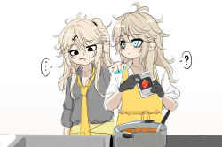 ... 2girls :i ? alternate_costume antenna_hair apron bad_id bad_pixiv_id black_eyes black_gloves black_shirt blonde_hair blue_eyes blush commentary_request cooking cooking_pot cowboy_shot curry ear_piercing food gloves hand_on_another&#039;s_shoulder holding indie_virtual_youtuber jitome kasukabe_tsukushi kasukabe_tsumugi long_hair looking_at_another looking_to_the_side loose_necktie multiple_girls ne_an_ito necktie one_side_up piercing shirt shirt_tucked_in simple_background sleeves_rolled_up spoken_ellipsis spoken_question_mark standing virtual_youtuber voicevox white_background white_shirt yellow_apron yellow_necktie 