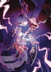  absurdres armor back_bow bare_shoulders blunt_bangs blurry blurry_background bow braid bridal_gauntlets clenched_teeth closed_mouth clouds cloudy_sky depth_of_field electricity evil_smile fan_hair_ornament floating flower flower_ornament from_side genshin_impact gloves glowing glowing_sword glowing_weapon hair_ornament hair_ribbon highres holding holding_sword holding_weapon honkai_(series) honkai_impact_3rd horns human_scabbard in-franchise_crossover japanese_armor japanese_clothes katana kimono light_smile long_braid long_hair long_horns mechanical_arms mitsudomoe_(shape) mole mole_under_eye multicolored_hair musou_isshin_(genshin_impact) off_shoulder oni open_clothes open_kimono outdoors powering_up purple_flower purple_hair purple_kimono purple_ribbon purple_sky raiden_mei raiden_mei_(herrscher_of_thunder) raiden_shogun red_horns red_sash ribbon sash sawashiro_miyuki single_braid sky smile striped_clothes sword symzae teeth tomoe_(symbol) twitter_username violet_eyes voice_actor_connection weapon wide_sleeves 