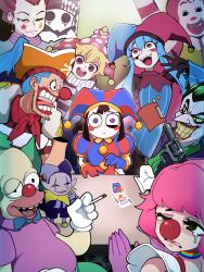  1other 4girls 6+boys absurdres ace_attorney ambiguous_gender ascot balatro batman_(series) black_hair blue_hair bongftah borrowed_character buggy_the_clown cigarette clown clown_nose clownpiece colored_skin crazy_eyes crazy_smile crossover dc_comics deltarune evil_smile eye_twitch eyelashes facepaint geiru_toneido gloves green_hair gun hat highres hisoka_morow hunter_x_hunter it_(stephen_king) jester_cap jevil jimbo_(balatro) joker_(dc) krusty_the_clown laughing looking_at_viewer mcdonald&#039;s multiple_boys multiple_crossover multiple_girls one_piece original pantyhose pennywise pestrica phoenix_wright:_ace_attorney_-_spirit_of_justice pink_hair pippi_panini_(basedbinkie) pirate_hat pointy_ears pomni_(the_amazing_digital_circus) real_life red_ascot red_hair red_lips revolver ronald_mcdonald sharp_teeth shirt smile striped_clothes striped_shirt table teeth the_amazing_digital_circus the_simpsons touhou trait_connection upper_teeth_only utdr_(toby_fox) weapon white_gloves white_skin wide_mouth 