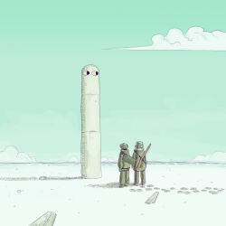  2girls brodie_helmet chito_(shoujo_shuumatsu_ryokou) clouds coat combat_helmet commentary day footprints from_behind fur-trimmed_coat fur_trim green_coat green_pants gun gun_on_back hatching_(texture) helmet horizon ksteakay ligne_claire linear_hatching looking_at_object military_uniform multiple_girls outdoors pants pillar rifle shoujo_shuumatsu_ryokou sky stahlhelm standing weapon weapon_on_back yuuri_(shoujo_shuumatsu_ryokou) 