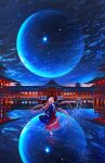  1girl absurdres architecture bangs blue_sky clouds east_asian_architecture highres itsukushima_shrine japanese_clothes kenzo_093 kimono long_hair looking_away original pink_eyes pink_hair scenery sky solo standing standing_on_liquid star_(sky) starry_sky 