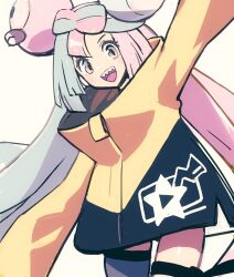 1girl blue_hair blush bow-shaped_hair breasts character_hair_ornament fake_hair_bun grey_eyes grey_pantyhose hair_ornament iono_(pokemon) jacket long_hair long_sleeves looking_at_viewer multicolored_hair open_mouth oversized_clothes pantyhose pink_hair pokemon pokemon_sv sharp_teeth shirt simple_background single_leg_pantyhose sleeves_past_fingers sleeves_past_wrists smile solo split-color_hair teeth topple33 twintails two-tone_hair upper_teeth_only very_long_sleeves waving yellow_jacket
