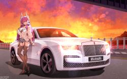  1girl absurdres artist_name black_shoes breasts car character_request cleavage clouds fence garter_belt high_heels highres horns huge_breasts kkam-sang large_breasts lens_flare long_hair motor_vehicle mountain one_eye_closed orange_sky original pink_eyes pink_hair pointed_ears pointy_ears rolls-royce rolls-royce_ghost shirt shoes shorts sky smile solo stockings sunset teeth text torn_clothes vehicle watermark white_car wink zettai_ryouiki 