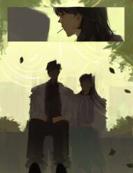  1boy 1girl absurdres black_hair bush coat faceless falling_leaves han_sooyoung hands_on_lap hetero highres hood hoodie kim_dokja leaf lollipop_in_mouth looking_at_reflection lp_(sangkuranak) omniscient_reader&#039;s_viewpoint pov purple_hoodie reflection reflection_focus ripples short_hair sitting white_coat zoom_layer 