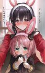  2girls :o animal_ears anya_(spy_x_family) biting biting_clothes black_hair black_legwear blurry blurry_background blush cone_hair_bun dress eden_academy_uniform fake_animal_ears female_child full-face_blush hair_bun highres looking_at_viewer mother_and_daughter multiple_girls off-shoulder_dress off_shoulder pantyhose pink_hair rabbit_ears red_dress saya_(mychristian2) school_uniform selfie spy_x_family yor_briar 